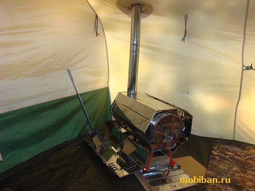 Печь «МегаСогра» в палатке Роснар Р-34
