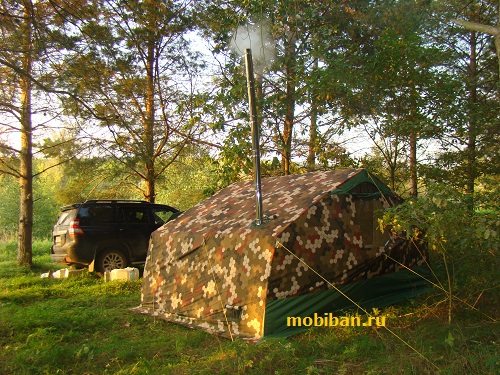Палатка Роснар Р-34 с печью «МегаСогра» в лесу
